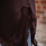SHADOWLEAF BROWN ASYMMETRIC SATIN LACE TOP