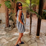 SOL, MAR Y TU DARK BLUE/WHITE STRIPED DRESS
