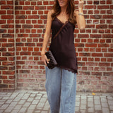 SHADOWLEAF BROWN ASYMMETRIC SATIN LACE TOP