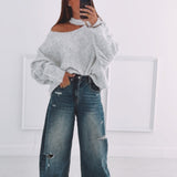 FALL IS COMING LIGHT GREY CUT-OUT SWEATER