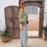 MARAVILLOSA GREEN LINEN OFF SHOULDER BLOUSE