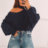 FALL IS COMING DARK BLUE CUT-OUT SWEATER