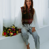 FEBE DARK GREEN CHECKERED SLEEVELESS KNIT TOP