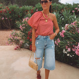 AZAHAR RED CHECKERED ONE SHOULDER BLOUSE
