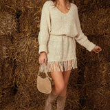 PIPPA ECRU BEIGE KNIT FRINGE DRESS
