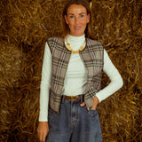 FAEDRA BROWN CHECKERED SLEEVELESS ZIP JACKET