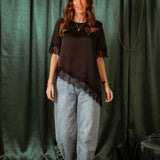 ROCKIN' AROUND BLACK ASYMMETRIC SATIN LACE BLOUSE