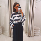 ASTRID DARK BLUE/WHITE STRIPED LACE BLOUSE
