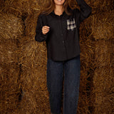 JOVIE DARK BLUE DENIM BLOUSE - BEIGE POCKET