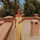 OUAFAE YELLOW PLISSE OFF SHOULDER DRESS