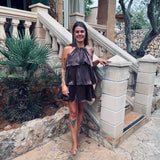 GIRONA BROWN LAYER HALTER DRESS