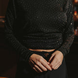 HOLLY SHINE BLACK RHINESTONE OPEN BACK BLOUSE