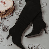 NIGHTFLARE BLACK SUEDE HEEL BOOTS