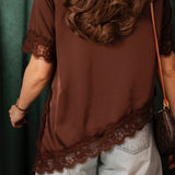 ROCKIN' AROUND BROWN ASYMMETRIC SATIN LACE BLOUSE