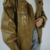 EVELYNE OLIVE GREEN SHINY LEATHER JACKET