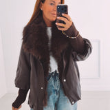 ZORA BROWN LEATHER FAUX FUR COLLAR JACKET