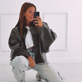 AMELIE KHAKI SHINY LEATHER JACKET