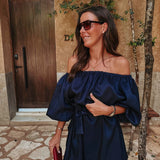 PASIONAL DARK BLUE OFF SHOULDER DRESS