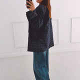 JOLENE DARK BLUE CHECKERED FRINGE BLAZER