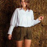 EDNA KHAKI SUEDE FRINGE SHORT