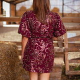 WYNDI BURGUNDY SEQUIN FLOWER WRAP DRESS