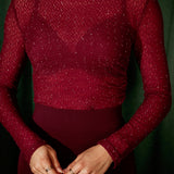 GLEAMING EVE BORDEAUX RHINESTONE LACE BLOUSE