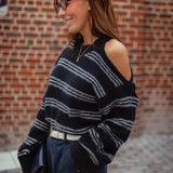 AISLING DARK BLUE STRIPED CUT-OUT SWEATER