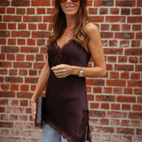 SHADOWLEAF BROWN ASYMMETRIC SATIN LACE TOP