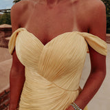 OUAFAE YELLOW PLISSE OFF SHOULDER DRESS