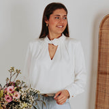 ANNELIES WHITE SATIN FLOWER BLOUSE