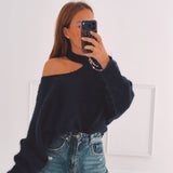 FALL IS COMING DARK BLUE CUT-OUT SWEATER