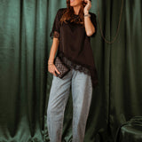 ROCKIN' AROUND BLACK ASYMMETRIC SATIN LACE BLOUSE