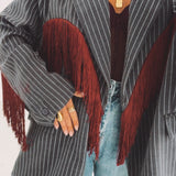 JOLENE DARK GREY STRIPED FRINGE BLAZER