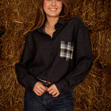 JOVIE DARK BLUE DENIM BLOUSE - BEIGE POCKET