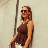 MAGNOLIA BROWN PEPLUM RIBBED TOP