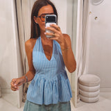 ORLANE BLUE STRIPED HALTER TOP