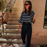 SOMAYA DARK BLUE STRIPED T-SHIRT