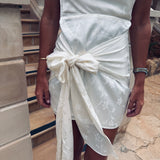 YESENIA ECRU SATIN WRAP FLOWER DRESS