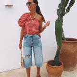 AZAHAR RED CHECKERED ONE SHOULDER BLOUSE