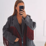 JOLENE DARK GREY STRIPED FRINGE BLAZER