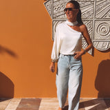 LEONA ECRU ONE SHOULDER BLOUSE