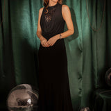 MISTLE LONG BLACK DRAPED DRESS