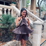GIRONA BROWN LAYER HALTER DRESS
