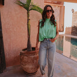 GHIZLANE LIGHT GREEN OPEN BACK BLOUSE