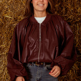 FAYLENE BURGUNDY LEATHER ZIP JACKET