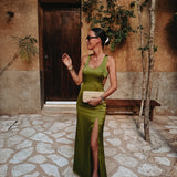 BONANZA OLIVE GREEN SATIN DRESS