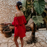 BRISA LATINA RED OFF SHOULDER LINEN DRESS
