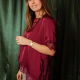 ROCKIN' AROUND BORDEAUX ASYMMETRIC SATIN LACE BLOUSE