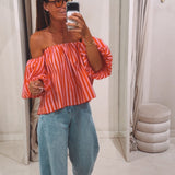 ELIN PINK/RED STRIPED OFF SHOULDER BLOUSE