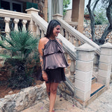 GIRONA BROWN LAYER HALTER DRESS